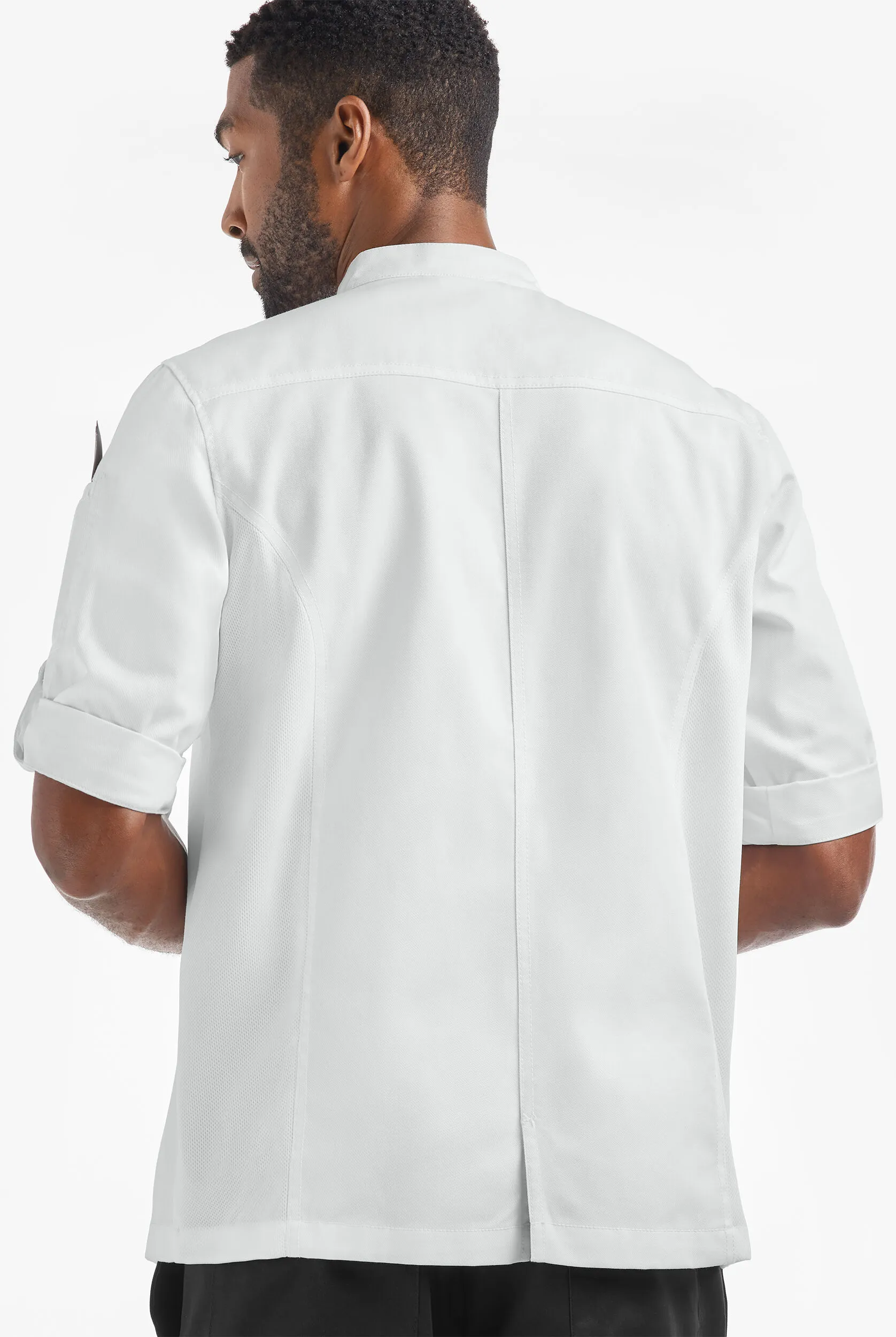 Chaqueta de gastronomía Industry Line estilo asimétrico con mangas enrolladas 3/4 y paneles de malla para hombre