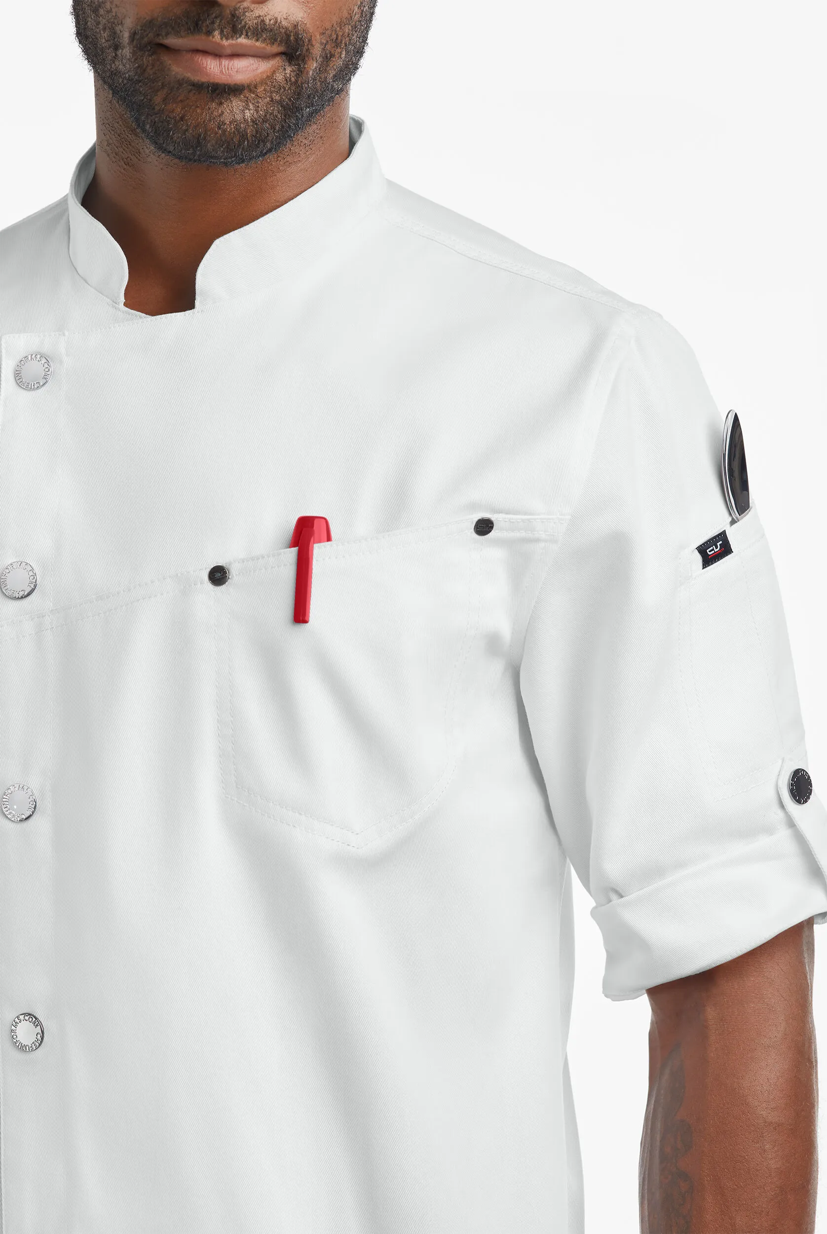 Chaqueta de gastronomía Industry Line estilo asimétrico con mangas enrolladas 3/4 y paneles de malla para hombre