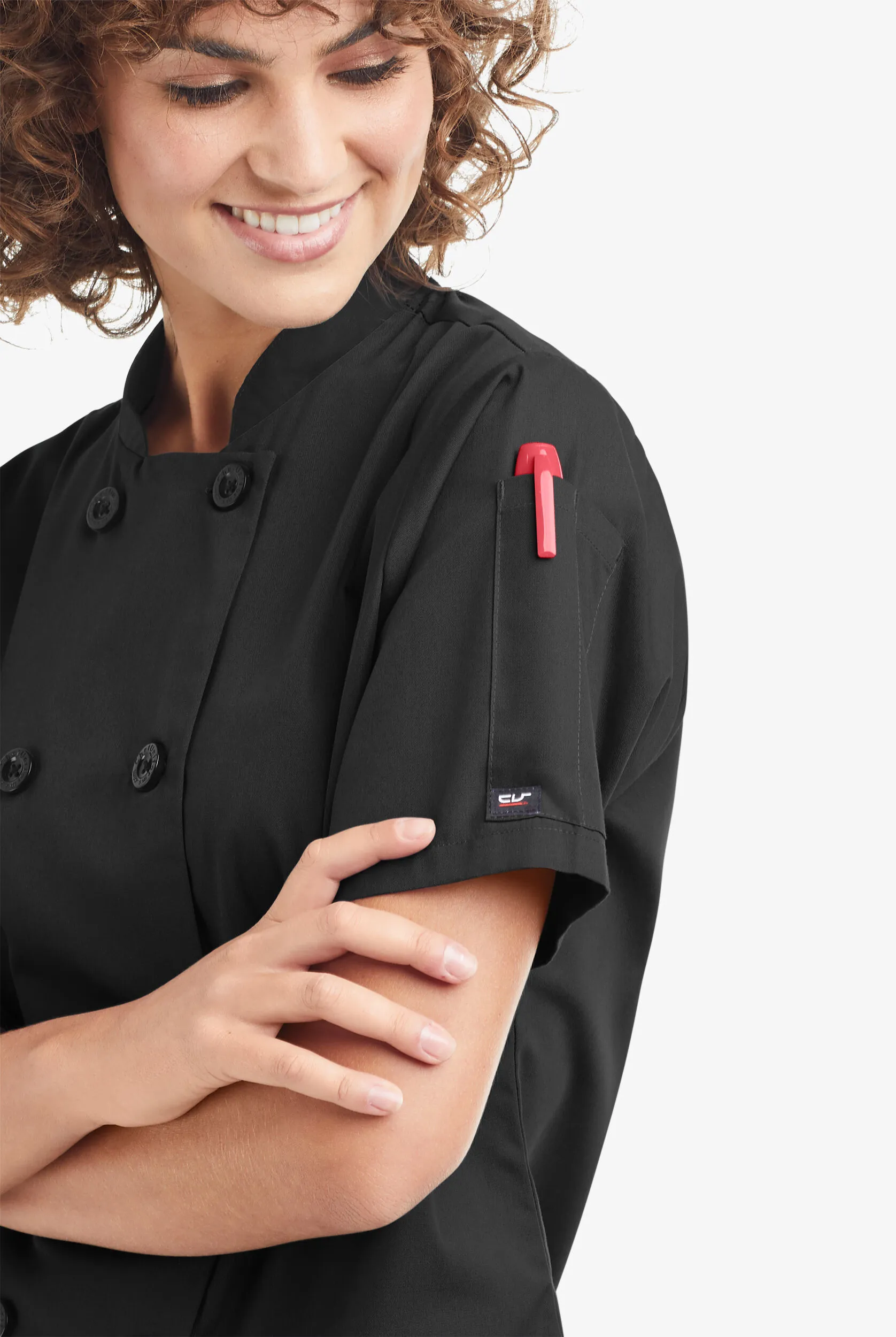 Chaqueta manga corta de gastronomía con doble abotonadura y 1 bolsillo para mujer