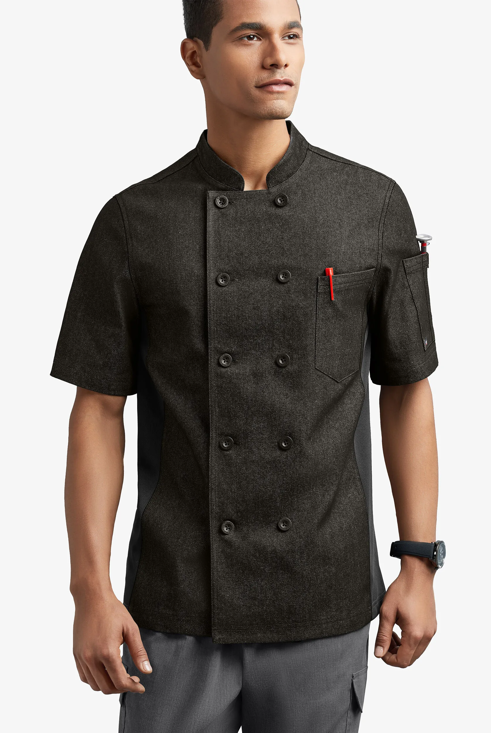 Chaqueta manga corta de gastronomía Industry Line de tela vaquera con doble abotonadura y paneles de malla para hombre