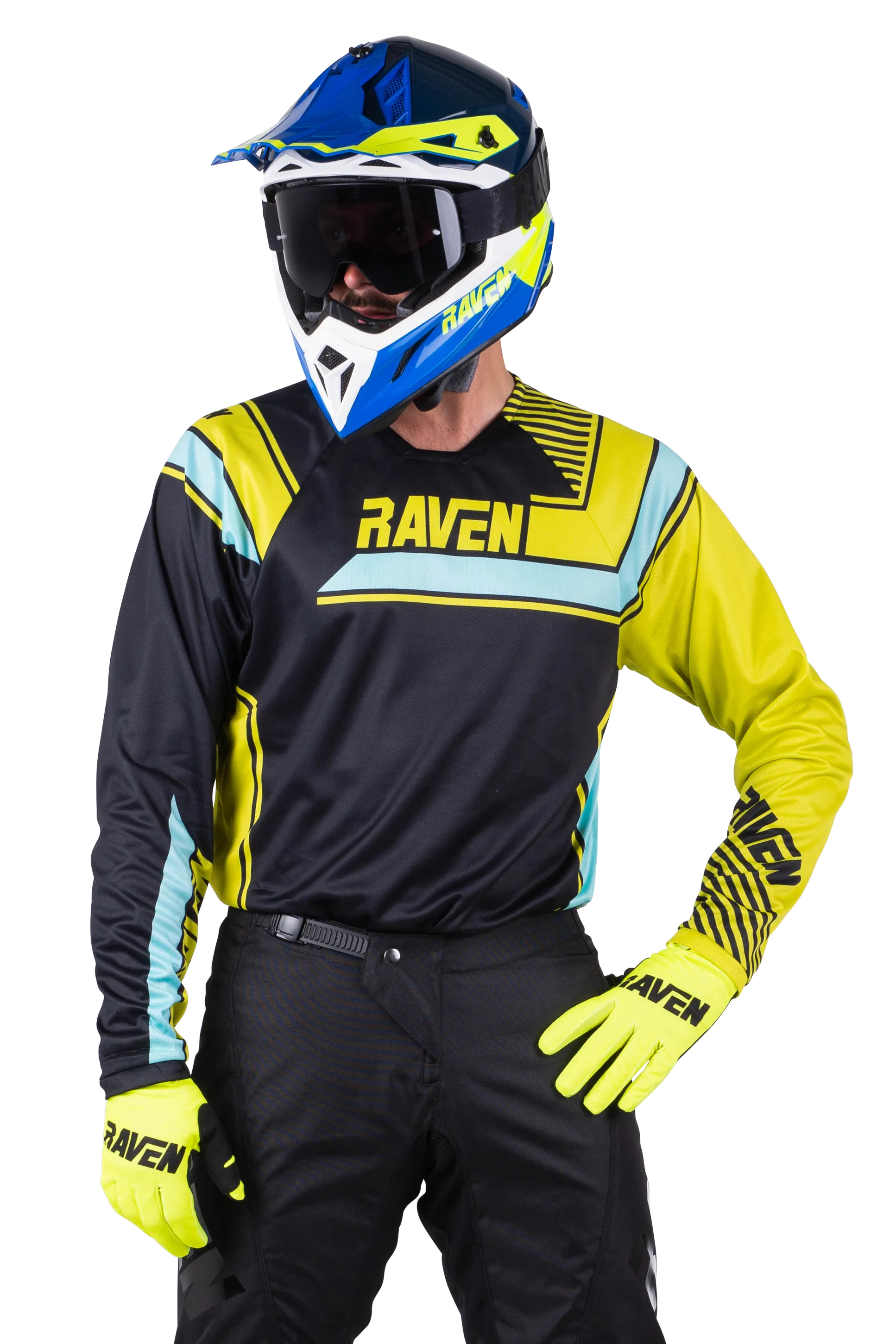 Traje de Cross Raven Rival Negro-Lima-Turquesa